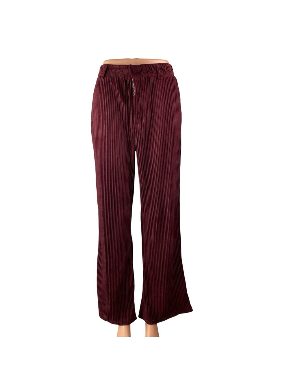 Urban Outfitters Womens Red Burgundy Ribbed Velvet Kick Flare Trousers Pants 2